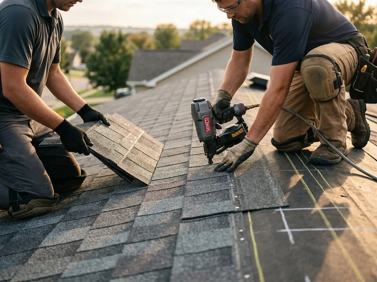 Professional roofer working on a residential roof in League City